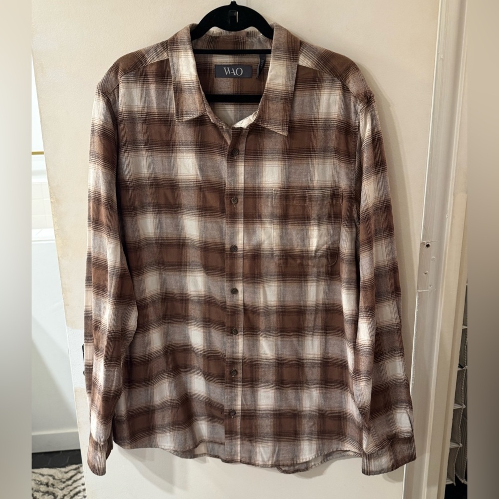 WAO The Lightweight Flannel Shirt in Brown & Cream (L) NWOT